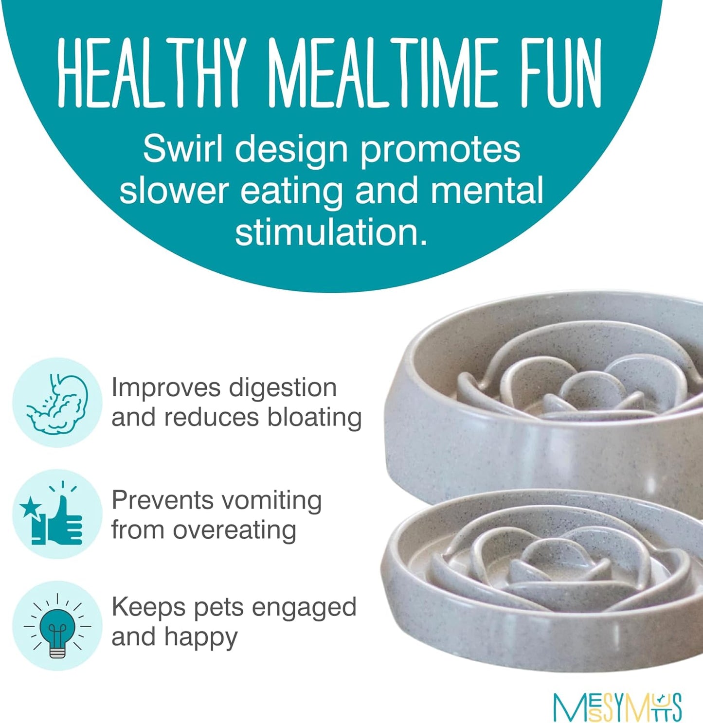Messy Mutts and Cats Interactive Slow Feeder | Speckled Grey (3 Cup) | 9.8” Round Durable Puzzle Slow Feeder for Dogs/Cats | Enrichment Food Dish for Slow Eating, Bloating