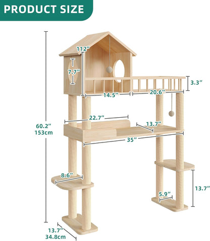 Wood Cat Tree for Automatic Litter Box, 60" Tall Cat Tower for Self Cleaning Litter Box, Cats Tree for Indoor Cats Large Adult, Multi-Level Solid Wood Cat Furniture w/Scratching Post, House