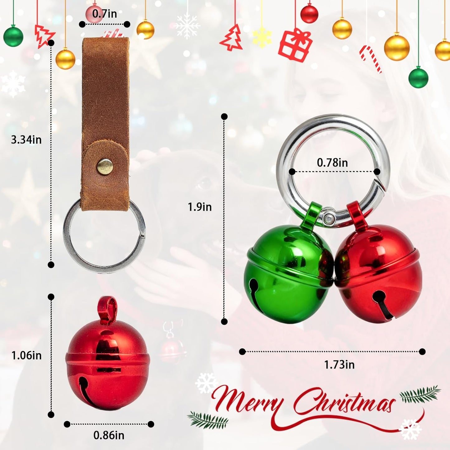 Loud Dog Collar Bells, Durable Pet Red And Green Bells Tracker for Large Dogs, 4 Christmas Copper Bells and 2 Leather Button Strap for Outdoor Safety, Pet Tracking, Hiking, Walking (Red Green)
