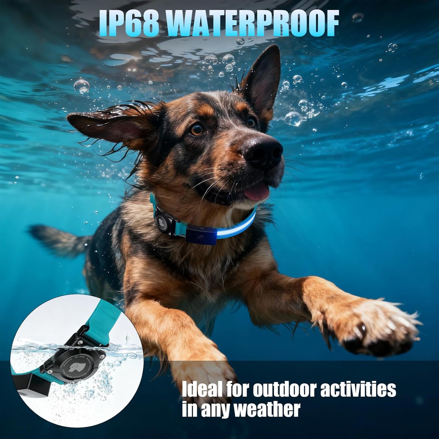 LED AirTag Dog Collar - Brightest Light Up Dog Collars - IP68 Waterproof Air Tag Dog Collar Holder - 1,600 Feet of High Visibility - Magnetic Charging - Dog Lights for Night Walking, Blue M