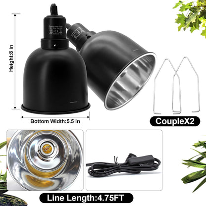 Reptile Light Fixture, 2 Packs 5.5 Inch Deep Dome Lampshade Dimmable, Reptile Heat Lamp Fixture with Separate Switches Fit for UVB Bulb Basking Heat Bulb for Reptile Glass Terrariums