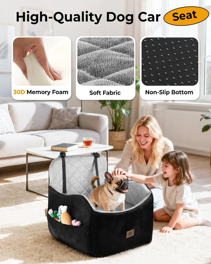 Dog Car Seat for Small/Medium Dogs, Detachable Washable Dog Booster Seat Under 35lbs, High-Support Memory Foam,Travel Bed with Storage Pockets