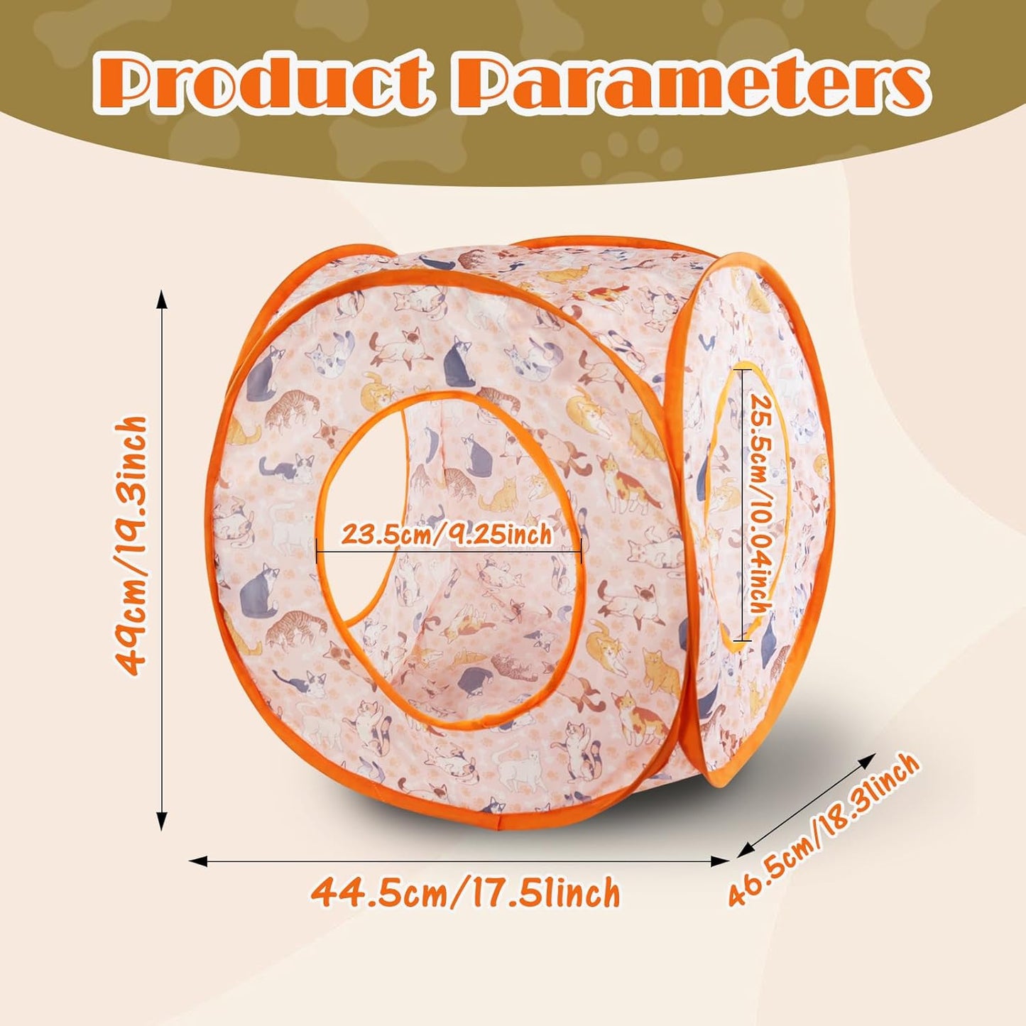 Andiker Small Cat Tents for Indoor Cats, Summer Fruit Patten 15" Foldable Cat Tube with 1 Plush Ball and 3 Holes Kitten Hide-and-Seek Toy to Relieve Boredom Also for Kitten Rabbits (Orange)