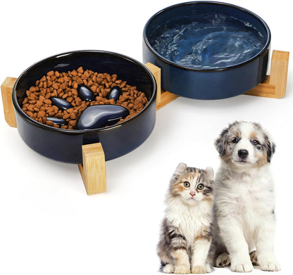 SOUJOY Ceramic Dog Cat Bowls Set with Stand, Non-Slip Elevated Small Dog Bowls, 2 Cups Slow Feeder Bowl Set, Dual Food and Water Bowls for Small Sized Dog, Puppy, Cat (6.1 in/17 oz)