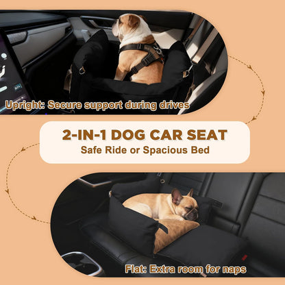 Small Dog Car Seat, Waterproof Pet Booster Seat for Car with Side Handles and a Storage Pocket, Clip-On Safety Leash and PP Cotton Filling, Vehicle Bed for Small to Medium Dogs up to 25lbs (Black)