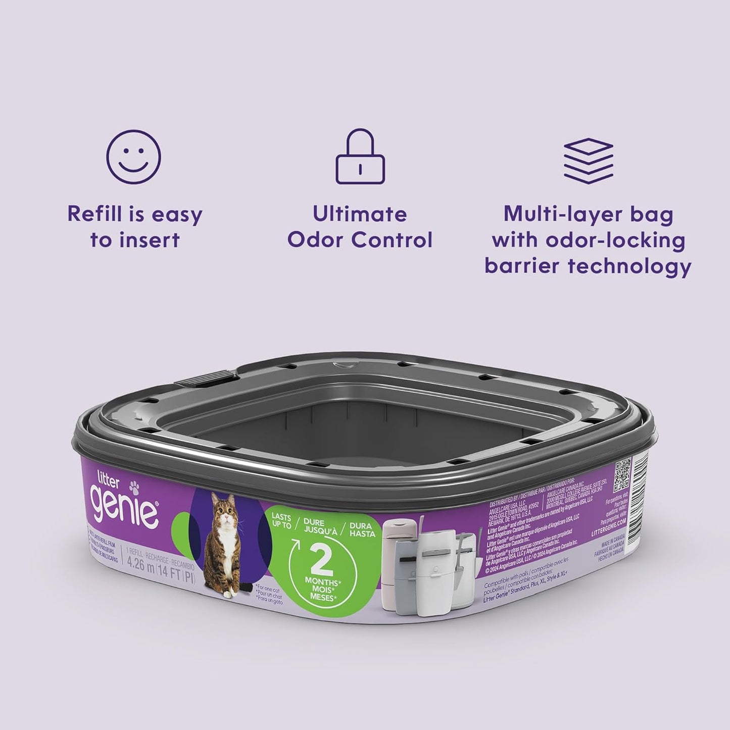 Litter Genie Refill Bags (3-Pack) | Multi-Layers of Odor-Barrier Technology | 1 Square Refill Cartridge Lasts Up to 2 Months Per Cat