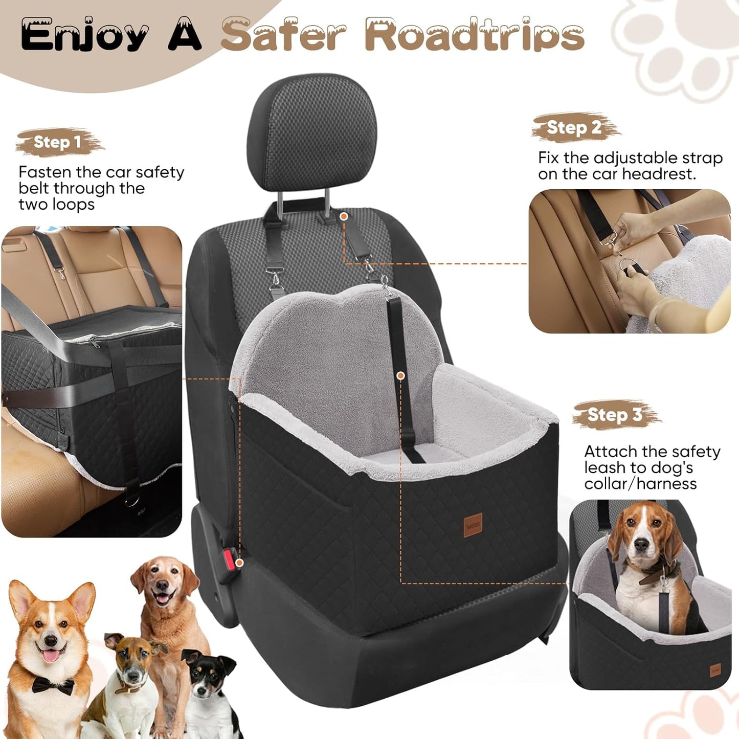 Dog Car Seats for Small Dogs, Detachable Dog Booster Car Seat with Storage Pockets Safety Belt, Pet Booster Cushion for Medium Dogs, Foldable Pet Sofa Cushion & Travel Bed