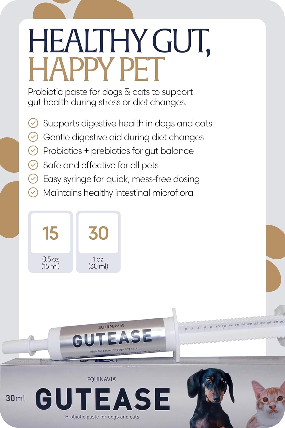 Equinavia GutEase Digestive Support Paste for Dogs & Cats – with Probiotics, Prebiotics, Glutamine, and Pectin – Easy Oral Supplement in 15ml or 30ml Syringe - 1 oz (30 ml) - 1 oz