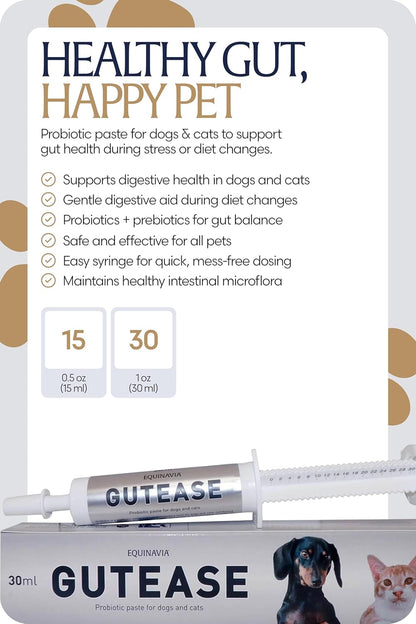 Equinavia GutEase Digestive Support Paste for Dogs & Cats – with Probiotics, Prebiotics, Glutamine, and Pectin – Easy Oral Supplement in 15ml or 30ml Syringe - 1 oz (30 ml) - 1 oz