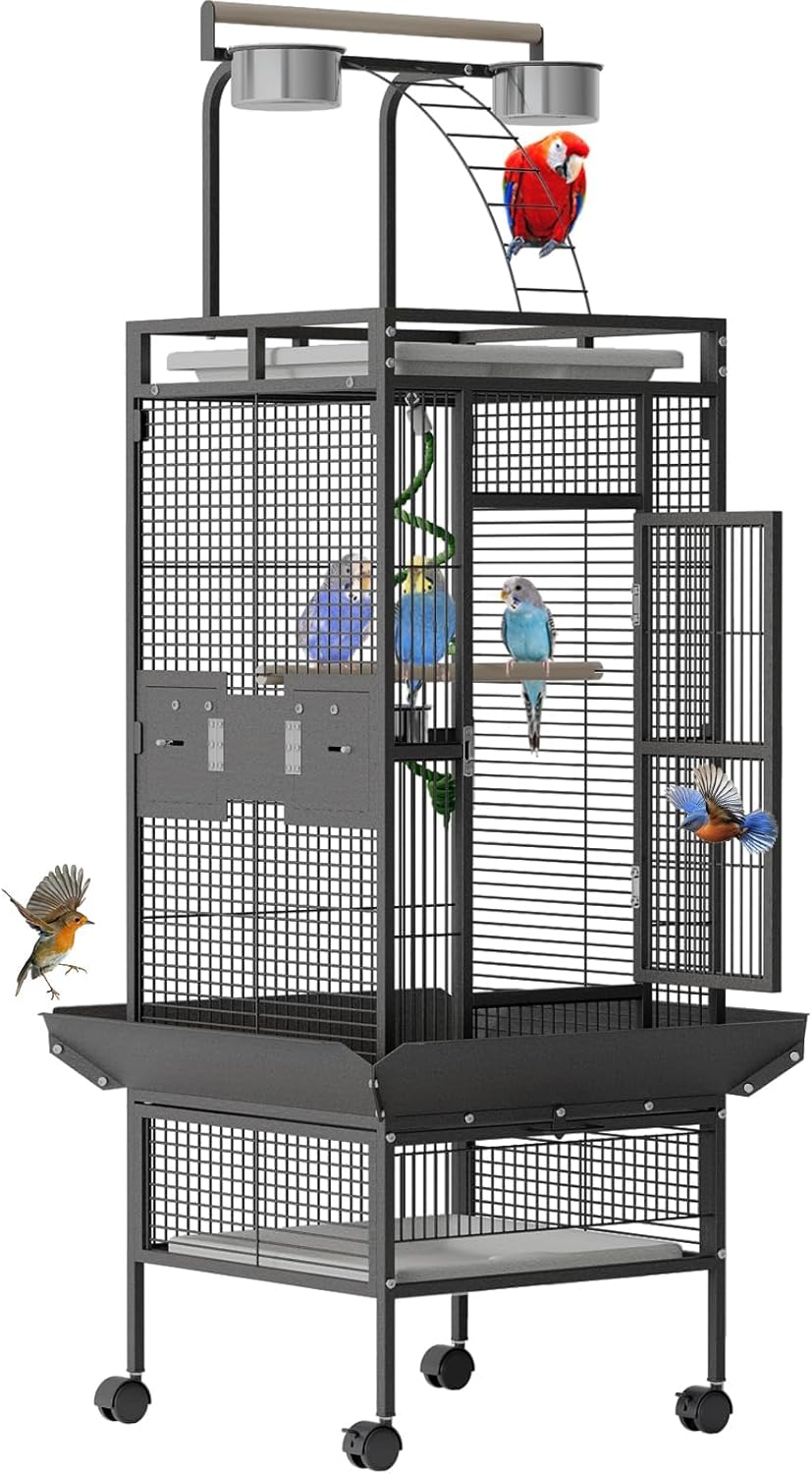 Spacious 60 Inch Wrought Iron Bird Cage with Rolling Stand, Play Top, 4 Stainless Steel Bowls - Ideal for Conure, Cockatiel, Parakeet, Lovebird, Budgie, Small Birds