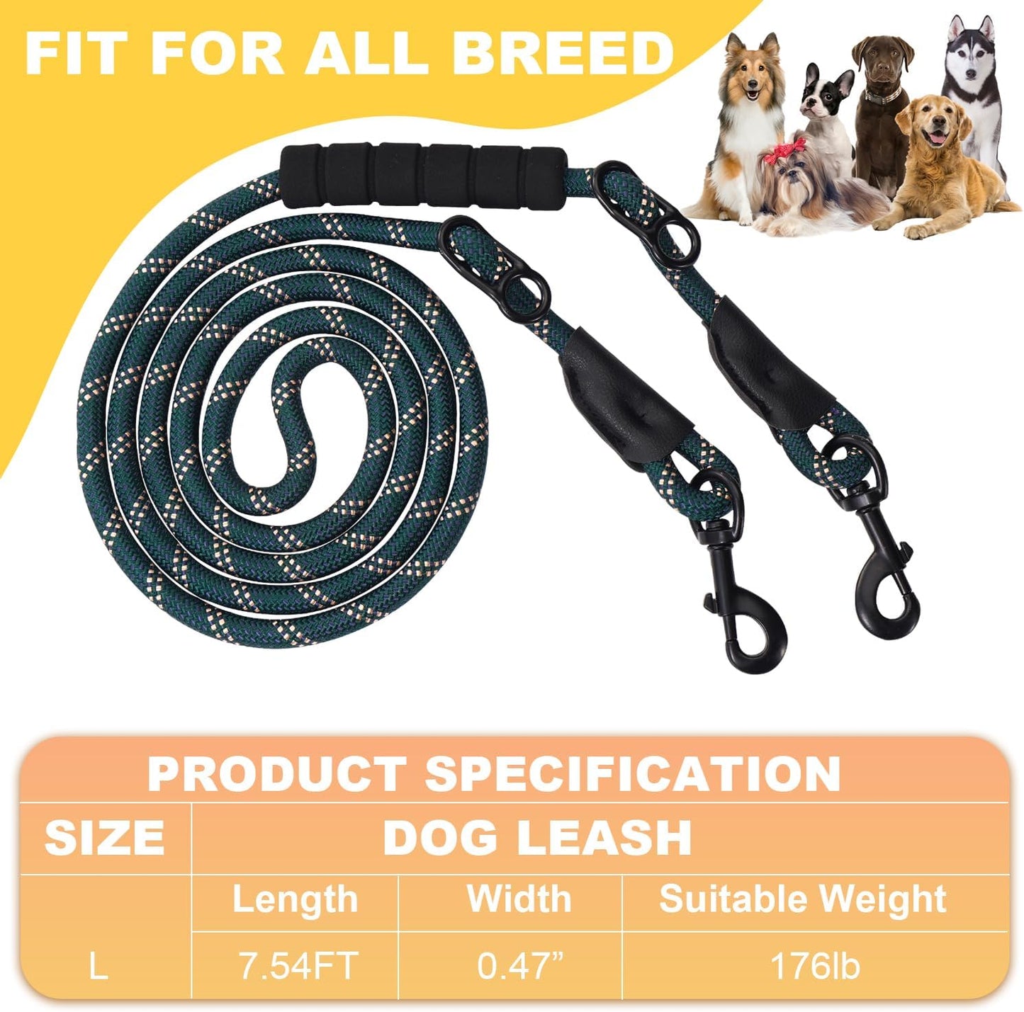 Versatile 7.5 FT Heavy Duty Dog Leash with Padded Handle,Easy Converted to Double Leashes,Hands Free,Cross-Body or Waist Leash, Night Reflective,for Small Medium Large Dogs (Dark Green)
