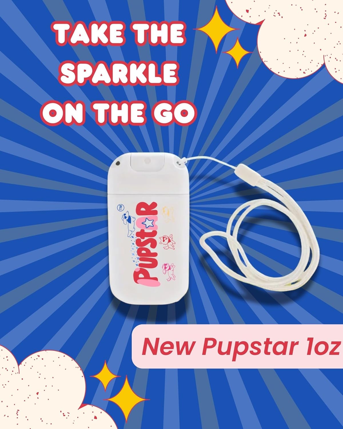 PUPSTAR Pet Perfume To-Go, 1 oz, Sandalwood & Fresh Linen Fragrance, Sparkly Finish, Convenient Lanyard, Long-Lasting, Vet Approved, Hypoallergenic, Alcohol-Free, Dog Deodorizer