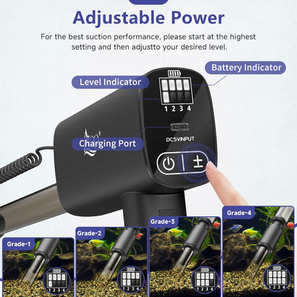 AQQA Electric Aquarium Vacuum Gravel Cleaner - 8W/213GPH Rechargeable Fish Tank Cleaning Tools Automatic Water Changer Pump with Debris Clean & Sand Washing, 4-Speed Adjustable Powerful Suction