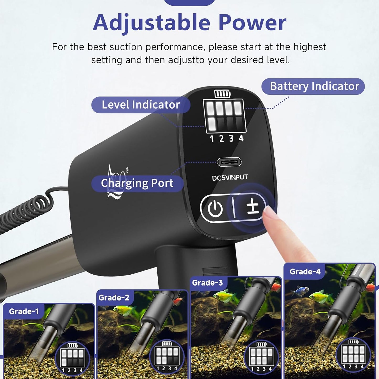 AQQA Electric Aquarium Vacuum Gravel Cleaner - 8W/213GPH Rechargeable Fish Tank Cleaning Tools Automatic Water Changer Pump with Debris Clean & Sand Washing, 4-Speed Adjustable Powerful Suction