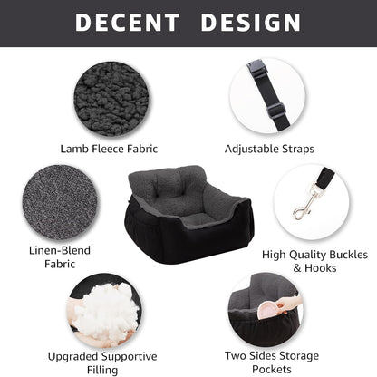 Dog Car Seat for Small Dogs,Washable Pet Booster Seats for Car with Clip-On Safty Leash, Reversible Puppy Carseat with Storage Pockets, Travel Carrier Bed for Dogs Under 25 lbs, Dark Grey