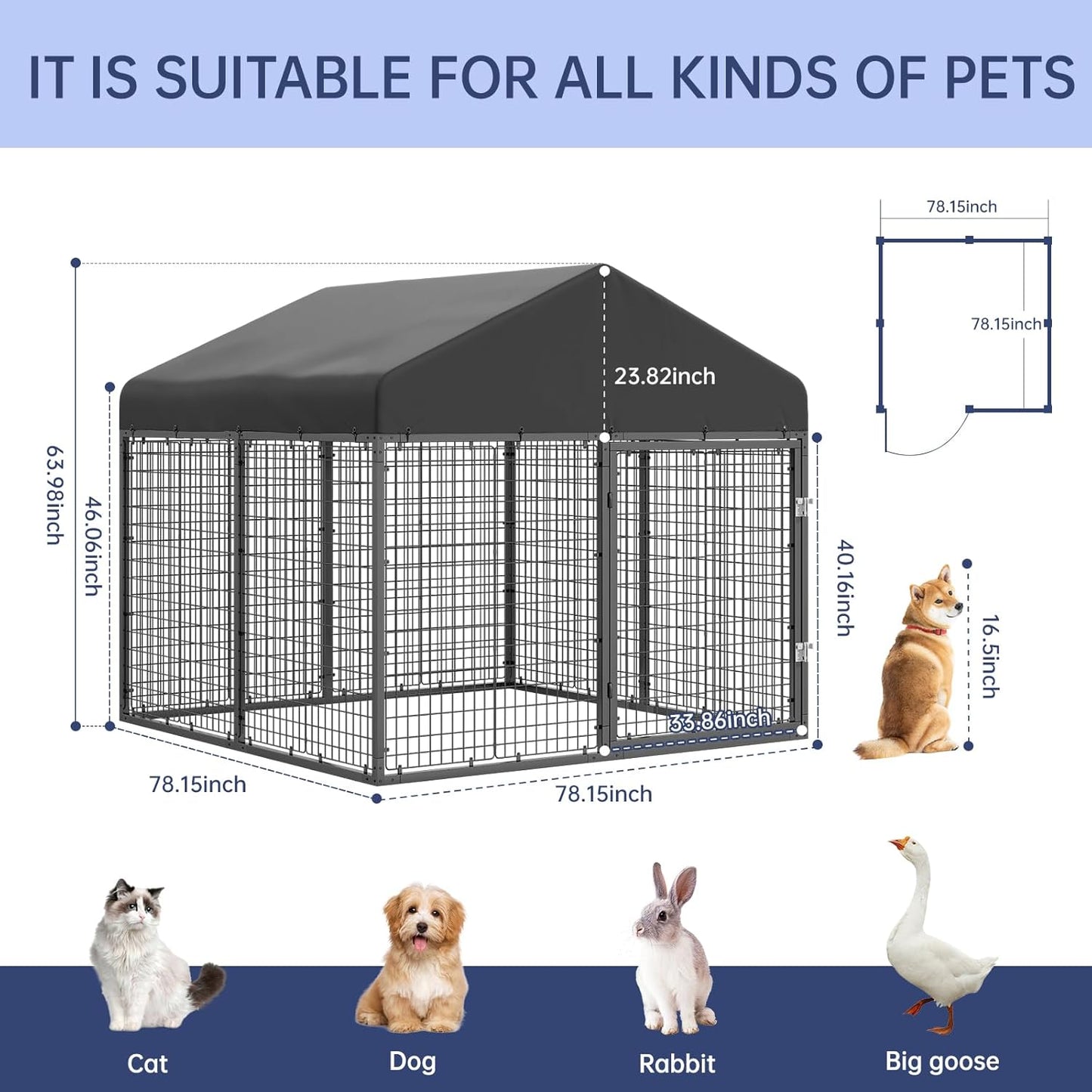Large Outdoor Dog Enclosure,Heavy Duty Dog Cage with Roof,Galvanized Steel Dog Kennel Fence with Double Safety Locks(79”W x 79”D)