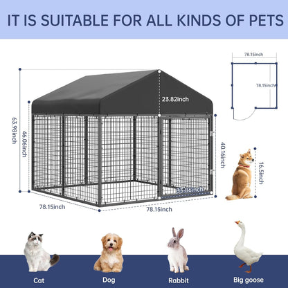 Large Outdoor Dog Enclosure,Heavy Duty Dog Cage with Roof,Galvanized Steel Dog Kennel Fence with Double Safety Locks(79”W x 79”D)