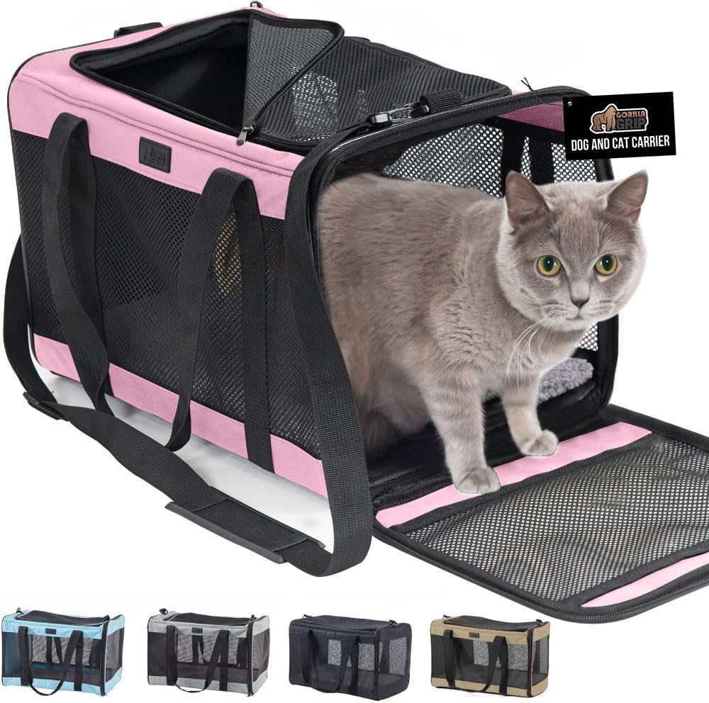 GORILLA GRIP Cat Carrier Travel Bag Up to 15 Lbs, Soft Collapsible Small Dog Carriers, Top and Side Entry Breathable Mesh, Grip Feet on Underside, Cozy Washable Waterproof Pad, Portable Kennel, Pink