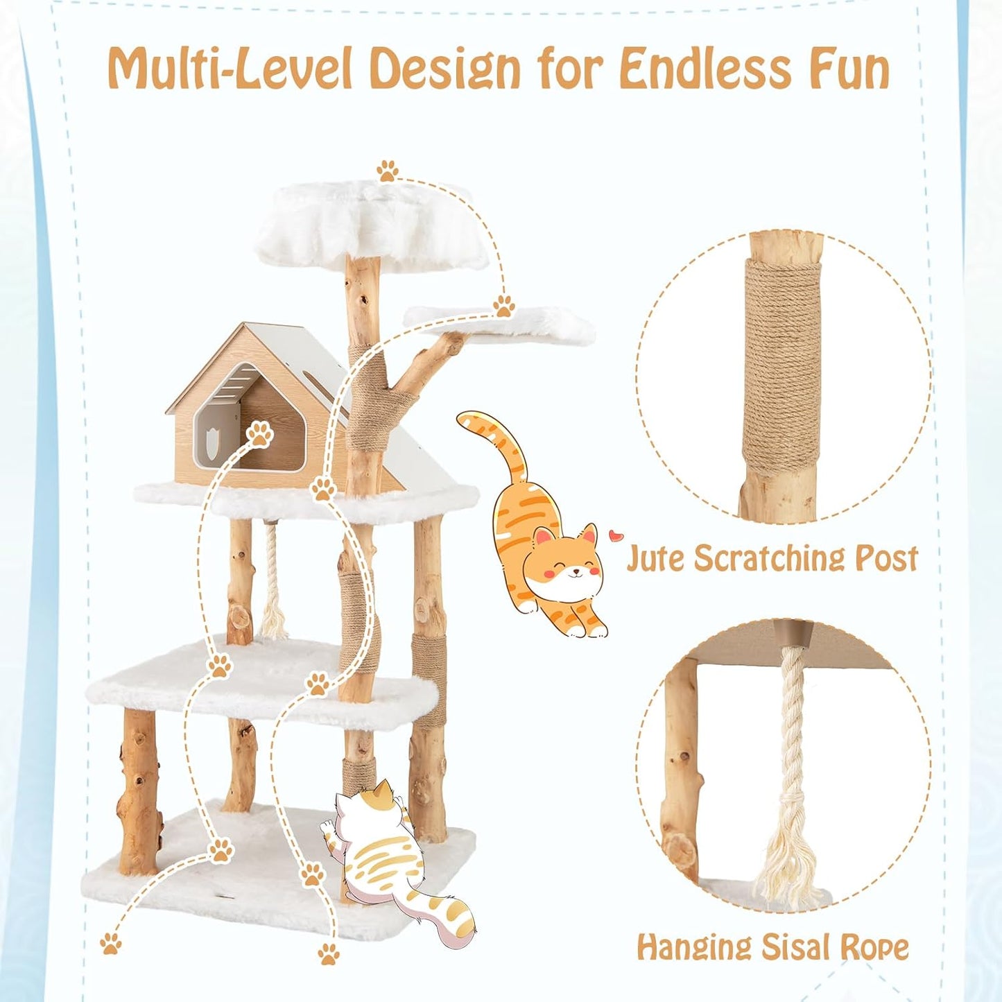 PETSITE 60 inch Solid Wood Cat Tree Tower, Multi-Level Wooden Cat Tower with Jute Scratching Posts, Cat Condo, Sisal Rope, Soft Long Plush, Modern Tall Cat Tree for Indoor Cats Large Adult