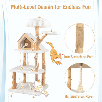 PETSITE 60 inch Solid Wood Cat Tree Tower, Multi-Level Wooden Cat Tower with Jute Scratching Posts, Cat Condo, Sisal Rope, Soft Long Plush, Modern Tall Cat Tree for Indoor Cats Large Adult