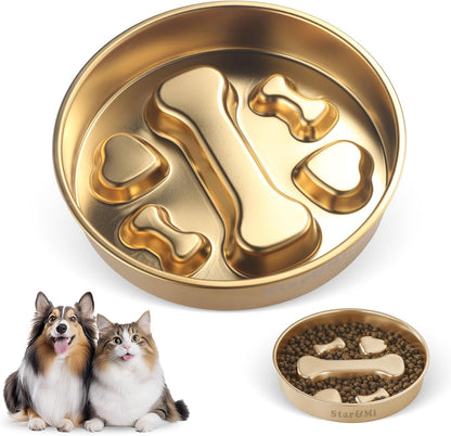 Golden Stainless Steel Slow Feeder Dog Bowls – Non-Slip Metal Dog Bowl for Large & Medium Breeds, Puppy Puzzle Feeder – 2 Cup Capacity for Small to Big Pets – Durable Slow Feed Dog & Cat Food Dish