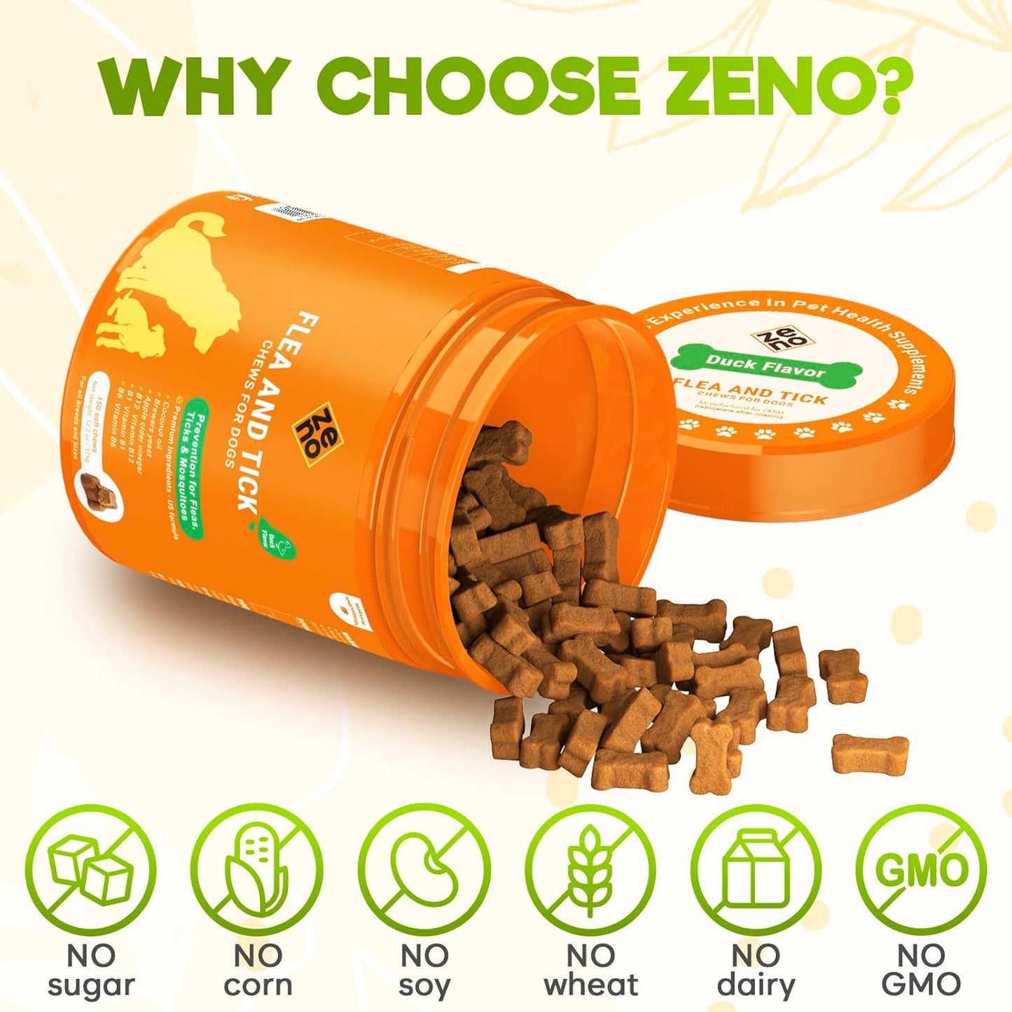 ZENO Flea and Tick Prevention Chewables for Dogs - 150 Chews - Flea & Tick Control - Duck Flavor - US-Made