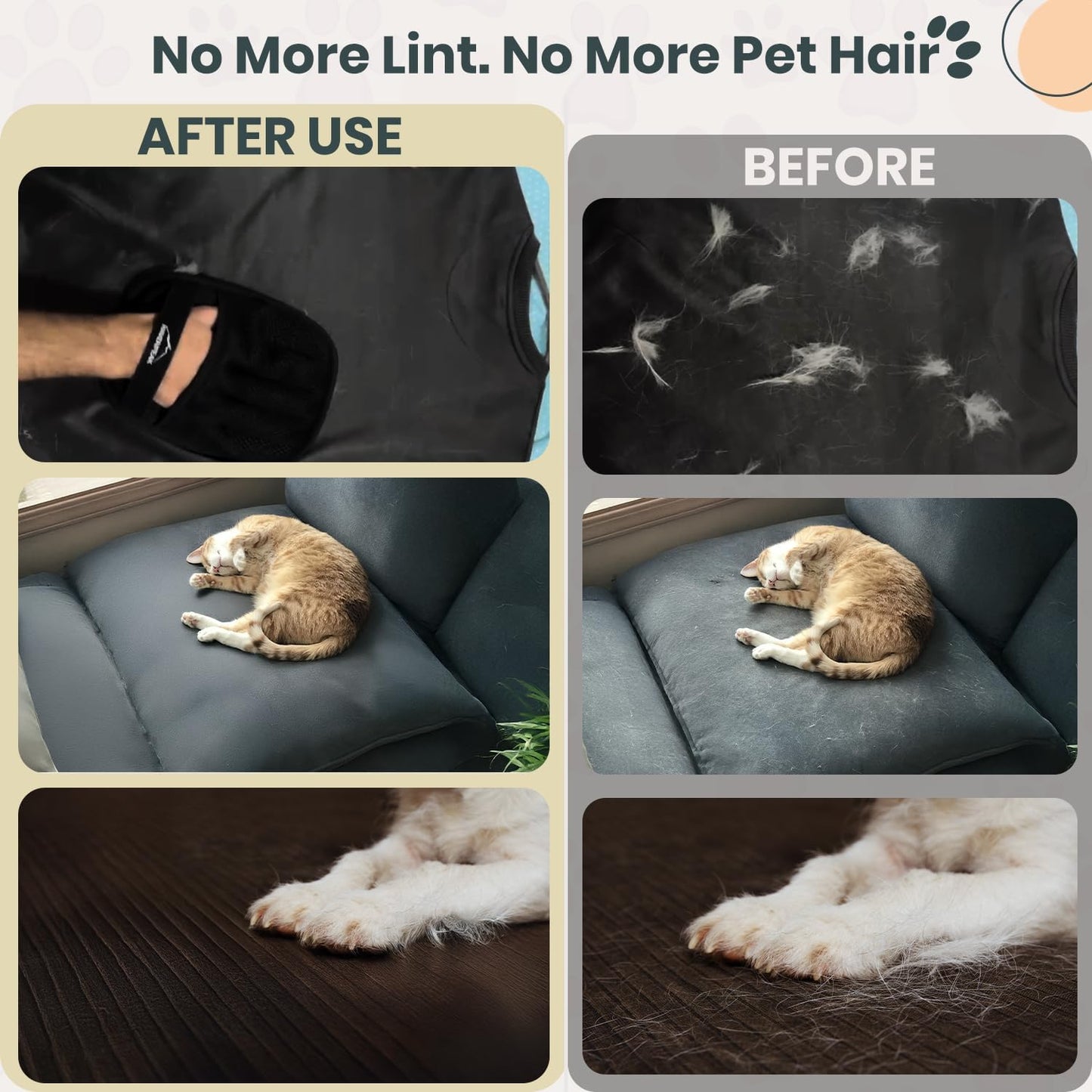 Pet Hair Remover Glove – Reusable Electrostatic Pet Hair Removal Glove for Furniture, Carpet & Car – Upgraded Design Cat & Dog Hair Mitt for Cleaning (Black - 2 Pack Gloves)