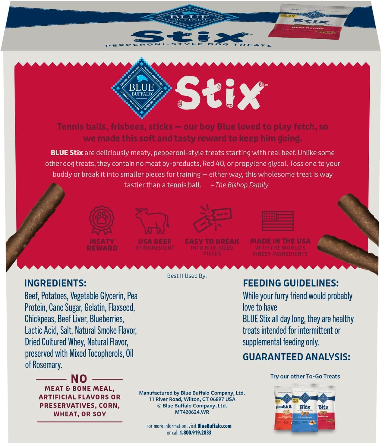 Blue Buffalo Stix Natural Soft Moist Dog Treats TOGO Beef Recipe, 1oz Bags, Pack of 12