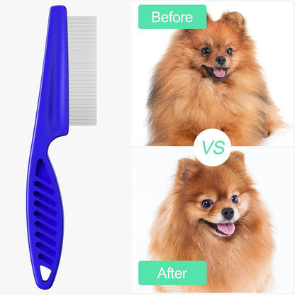 Pet Hair Comb, 2-in-1 Multifunctional Stainless Steel Pet Grooming Comb for Dog and Cat for Flea, Tear Stain Removal, and Dehairing Dogs and Cats' Face, Paws, and Body (Blue)