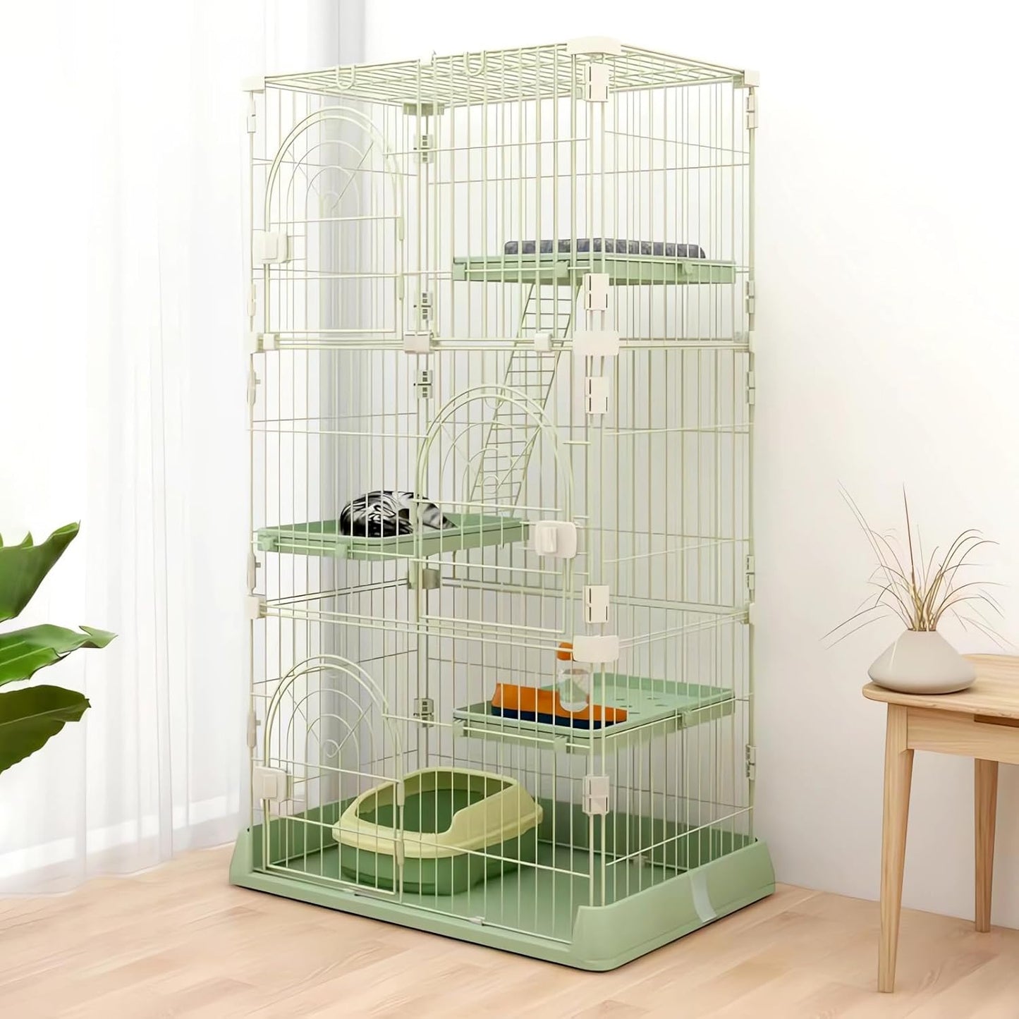 Cat Cage 3-Tier Indoor Cat Enclosure with Widen Bottom Buckle & Reinforced Locking Clamps DlY Cat Playpen for 2-3 Cats & Small Pets,33" Lx 24" W X 64" H (Green, Three-Tier64)