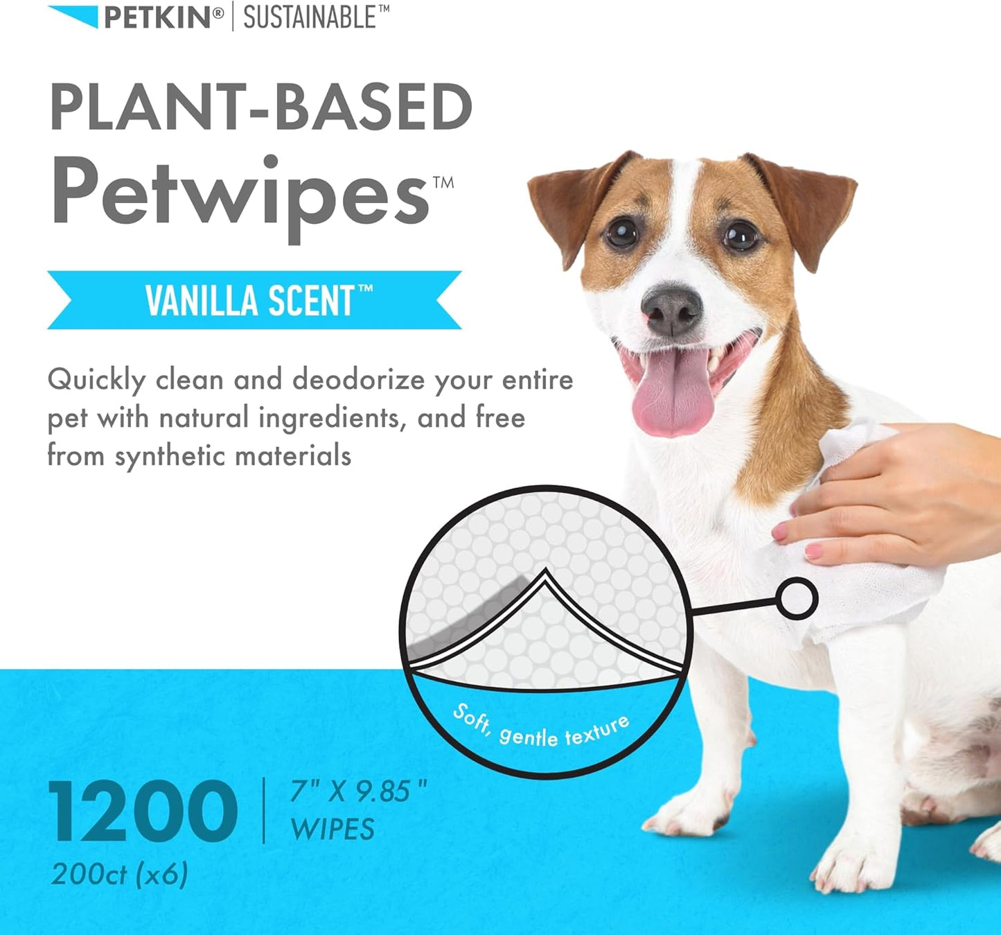 Petkin Plant-Based PetWipes, 200 Wipes, 6 Count - Biobased, Sustainable, Big & Thick Pet Wipes for Dogs & Cats - for Face, Paws, Ears, Body & Eye Area - Consciously Cleans & Conditions - Vanilla