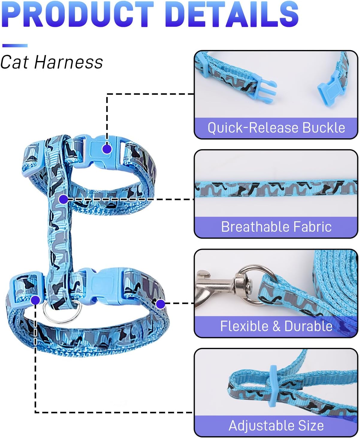 3 Pack Cat Leash and Harness Set, Lightweight Adjustable Collar Escape Proof for Cats
