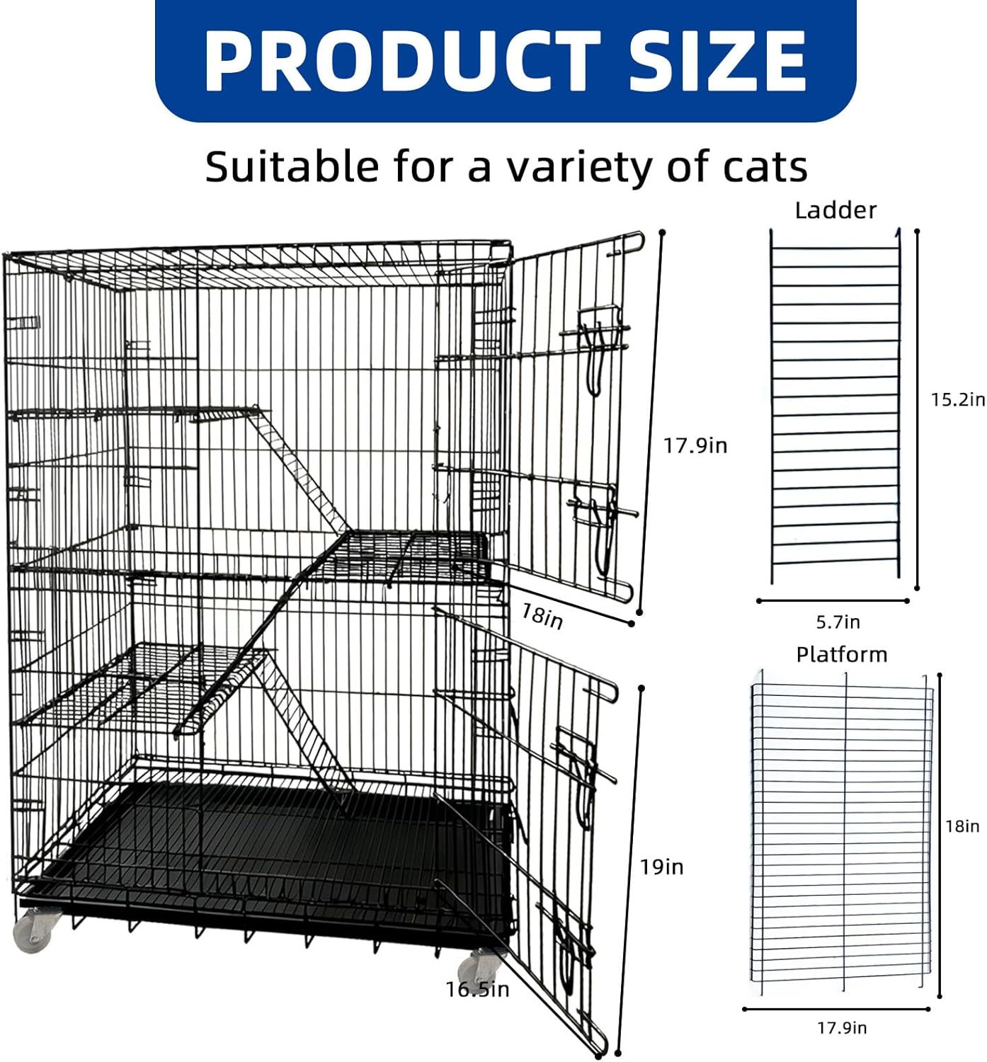 Cat Cage Large 4-Tier Indoor Cat Enclosure with Removable Tray & 2 Ladders, Foldable Metal Wire Cat Playpen with 360° Wheels, for 1-2 Cats & Small Pets, 35.4" L × 22.4" W × 49.2" H (Black