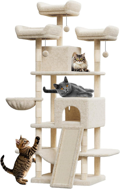 68.5" Heavy Duty Multi-Level Cat Tree Tower for Large Indoor Cats 20 lbs+, Soft Condo, Sisal Scratching Posts, Hammocks, Basket, Dangling Ball, Perches, Activity Platform – Beige, 2605 Model