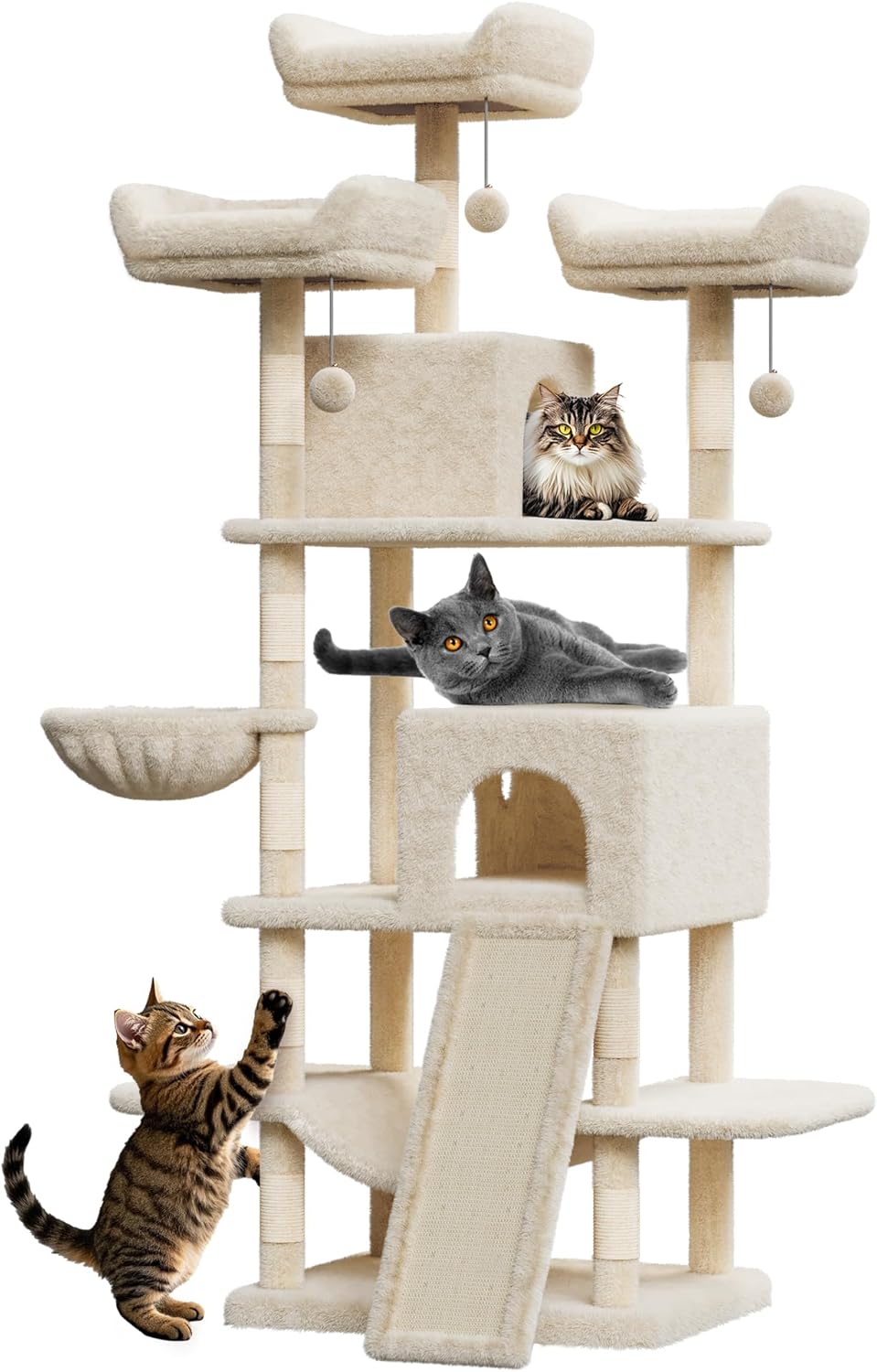 68.5" Heavy Duty Multi-Level Cat Tree Tower for Large Indoor Cats 20 lbs+, Soft Condo, Sisal Scratching Posts, Hammocks, Basket, Dangling Ball, Perches, Activity Platform – Beige, 2605 Model