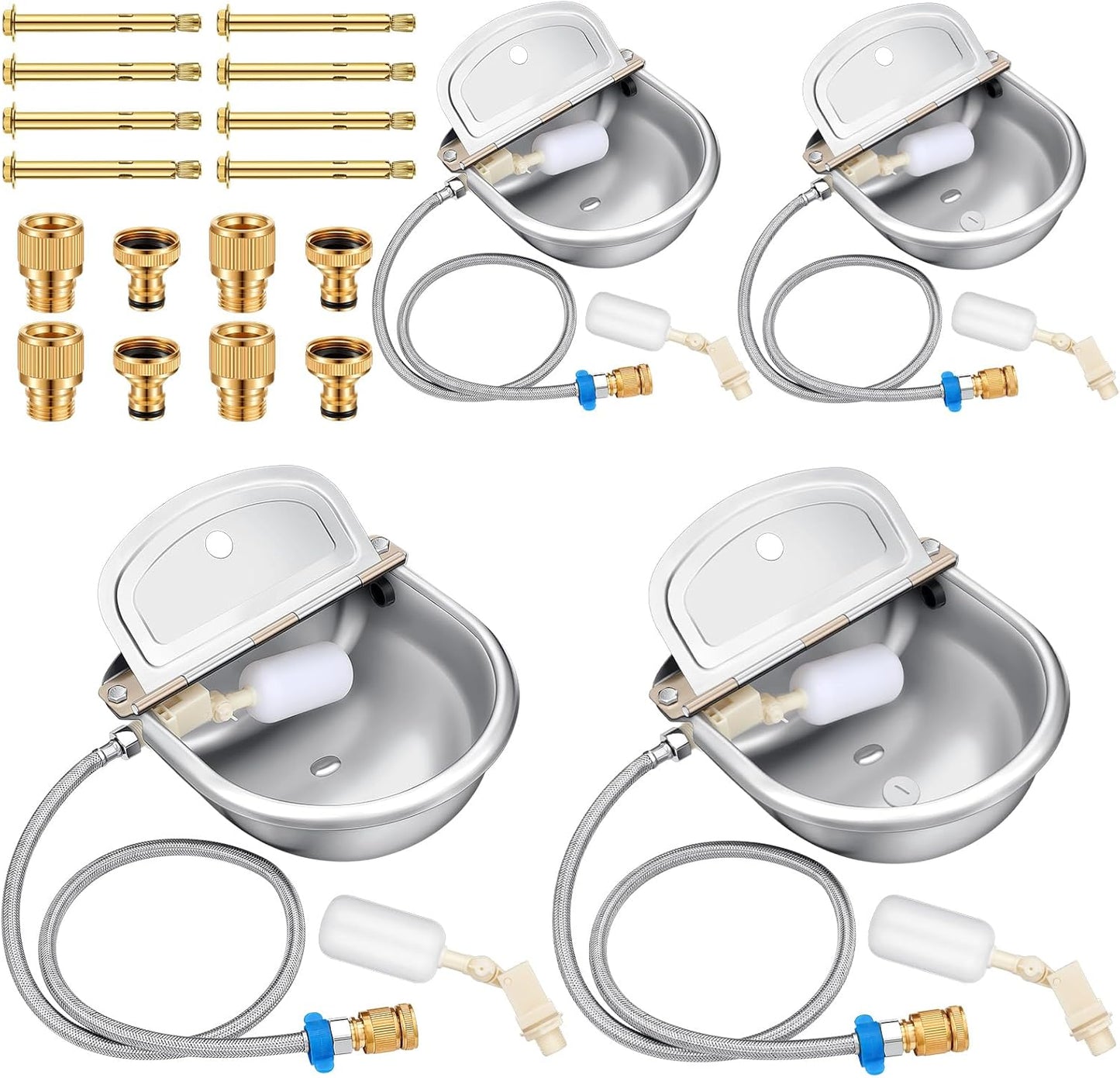 Bokon 4 Set Automatic Animal Drinking Water Trough Bowl Automatic Livestock Drinking Dispenser Stainless Steel Waterer for Horses Dogs Goat Pig with Float Pipe Connector Countersunk Bolt