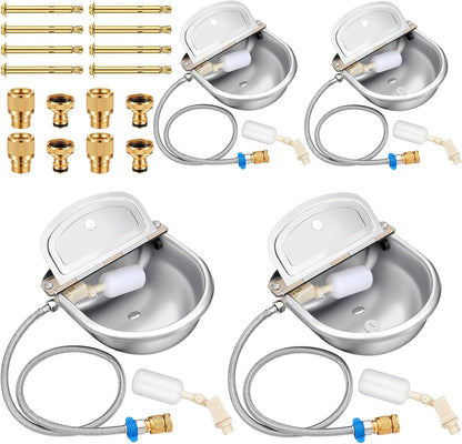 Bokon 4 Set Automatic Animal Drinking Water Trough Bowl Automatic Livestock Drinking Dispenser Stainless Steel Waterer for Horses Dogs Goat Pig with Float Pipe Connector Countersunk Bolt