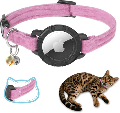 AirTag Cat Collar Breakaway, Double Velvet cat Collar with Apple Air Tag Holder and Bell, Ultra-Durable, Adjustable, Quick Release, Fits Most Girl Boy Small Large Cats (8.5''-12'') Pink