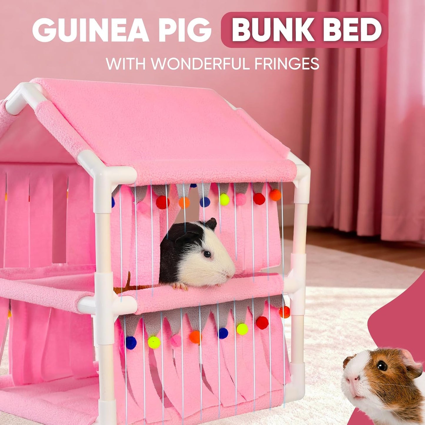 Guinea Pig Loft Bed - Small Pet Bunk Bed, Guinea Pig Hammock with Fleece Forest Hideout, Ideal for Rabbits, Ferrets and Chinchillas, Pink