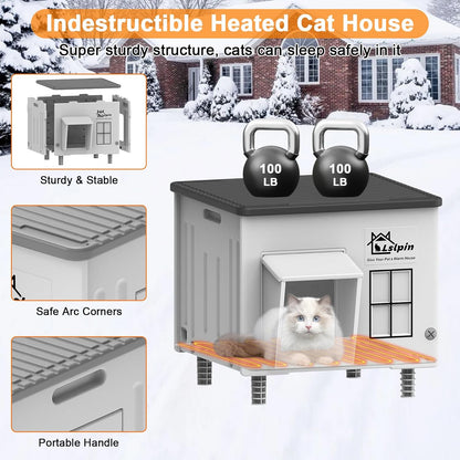Indestructible Heated Cat House for Outside Cats Winter,Weatherproof & Insulated & Elevated Feral Cat House with Escape Door, Outdoor Indoor Cat Shelter for Stray Barn Cat 17.7×14.9×17.5