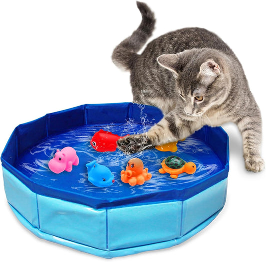 Eelexa Portable Cat Pool Toy with 6 Fish-Shaped Water Toys, Interactive Splash-Proof Indoor Cat Toys for Boredom Relief, Self-Play Cat Pool for Bored Cats, Easy Fill & Drain Design