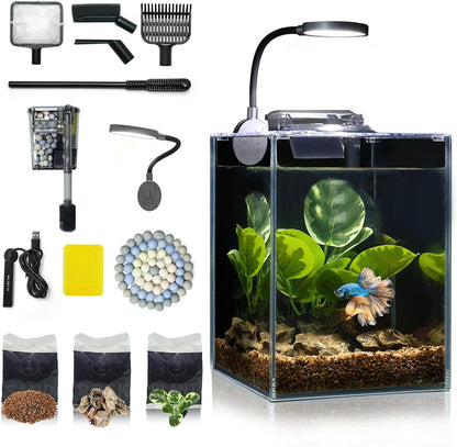 Desktop Small Aquarium Set Glass Fish Tank 1.25 Gallon, Heater Water Pump Filter Bright LED Light Gravel Cleaning Tool, Starter Kit Small Space Easy Setup Space-Saving Design Betta Shrimp