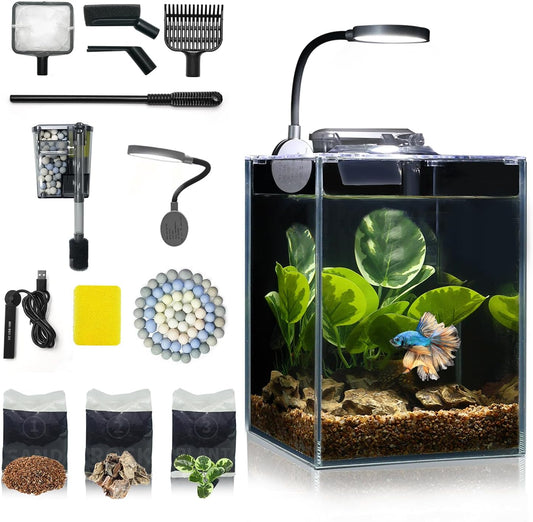 Desktop Small Aquarium Set Glass Fish Tank 1.25 Gallon, Heater Water Pump Filter Bright LED Light Gravel Cleaning Tool, Starter Kit Small Space Easy Setup Space-Saving Design Betta Shrimp
