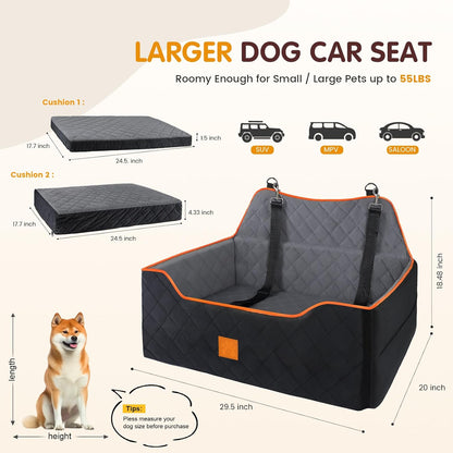 Dog Car Seat Large Medium - Sized Dog Car Pet Bed for Dogs Under 55 Lb or 2 Small Dogs,Safety Memory Foam Booster Seat 2 Cushions,Large Pet Bed Seat for Backseat