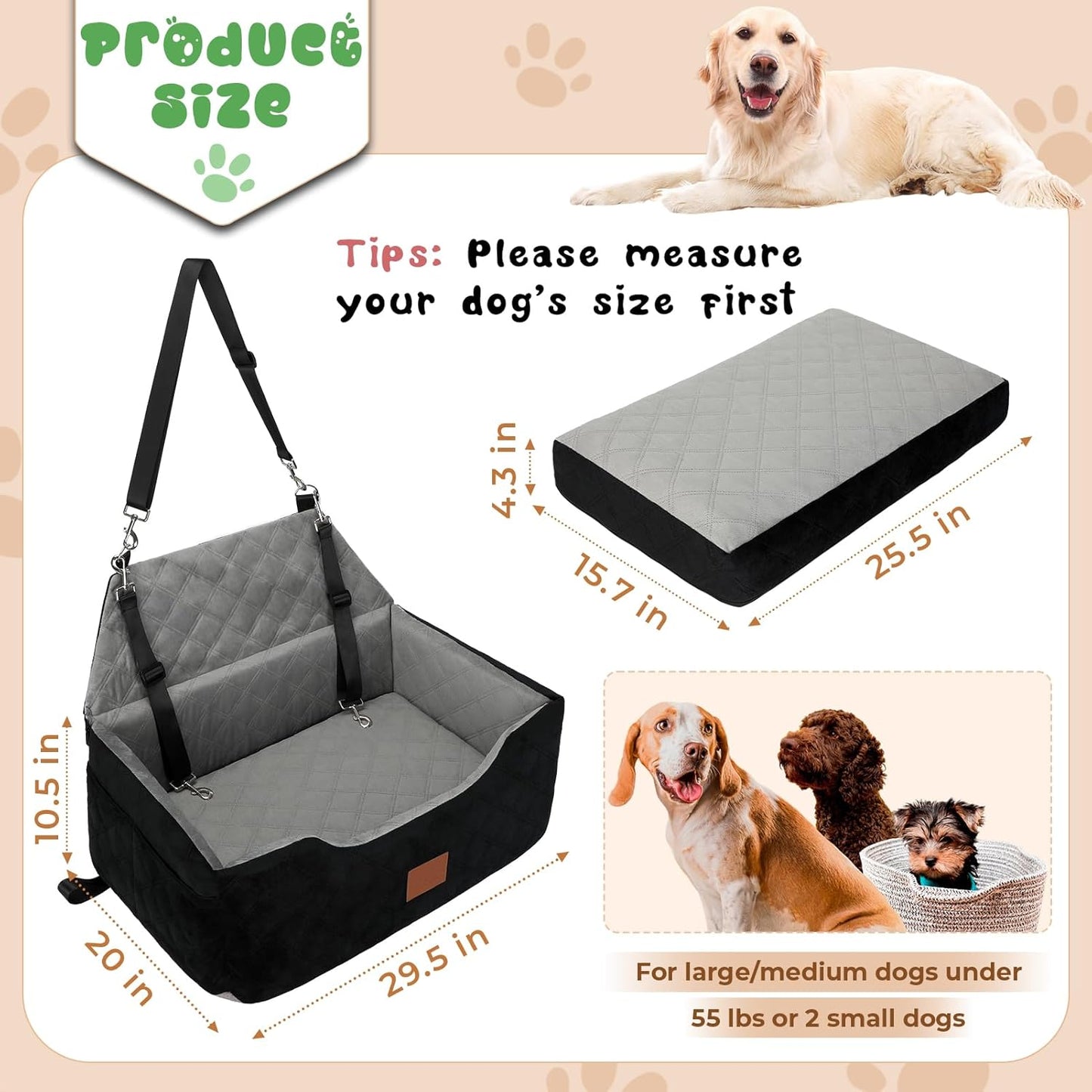 Dog Seat for Car Travel, Booster Car Seat for Large/Medium Dogs Under 55 lbs or 2 Small Pets, Detachable & Washable Dog Seat Bed with Safety Leashes & Thick Cushion (Black&Grey)