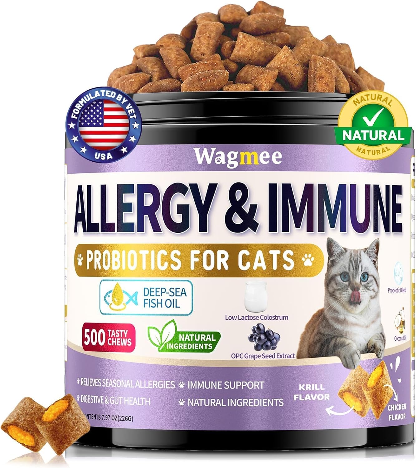 Cat Allergy Relief for Cats with Probiotics & Fish Oil - 500 Crunchy & Creamy Chews for Itchy Skin, Seasonal Allergies, Immune, Skin & Coat Support - with Omega 3 for All Breeds & Ages - Krill Flavor