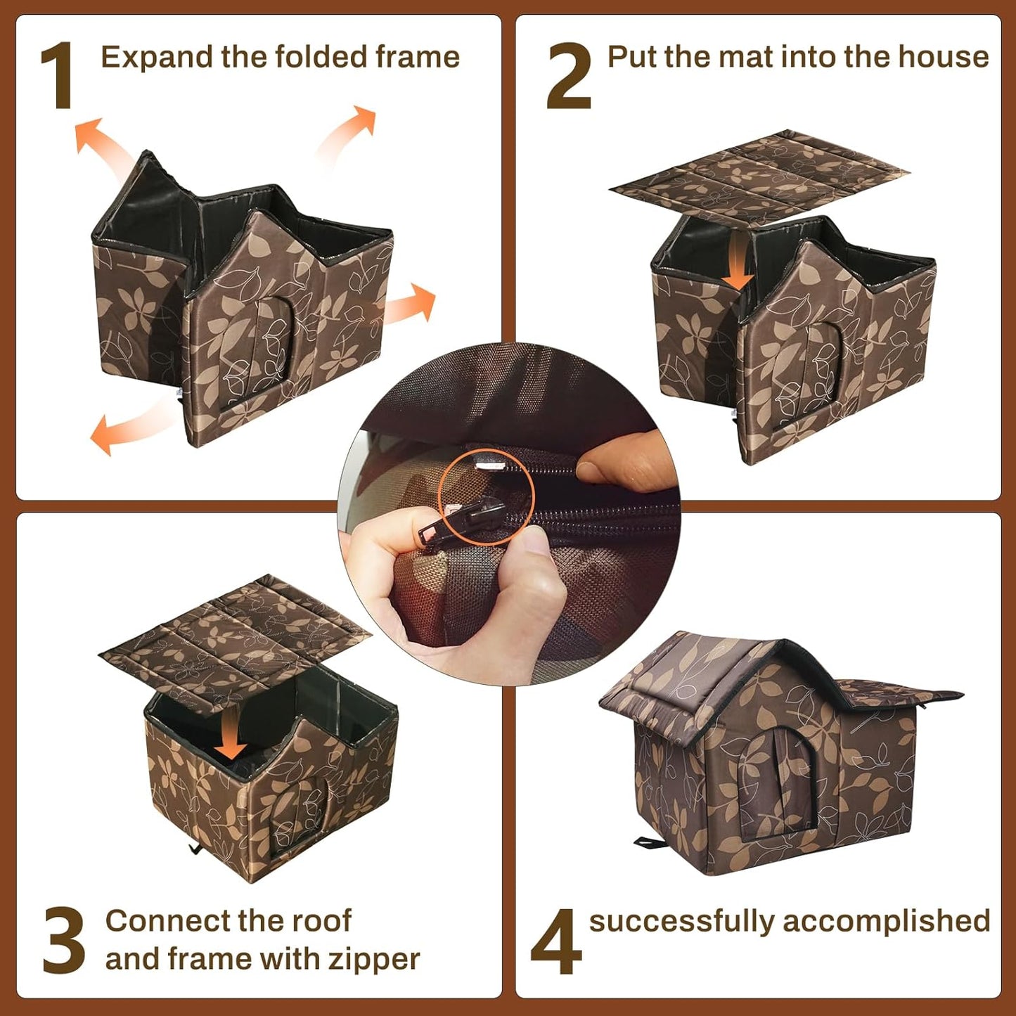 Cat House for Outdoor Cats, Outdoor Cat House Weatherproof for Stray Cat Shelter with Mat, Door and Edging Nails, Collapsible, Easy to Assemble (Brown)