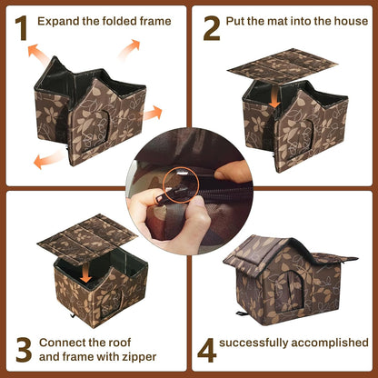 Cat House for Outdoor Cats, Outdoor Cat House Weatherproof for Stray Cat Shelter with Mat, Door and Edging Nails, Collapsible, Easy to Assemble (Brown)