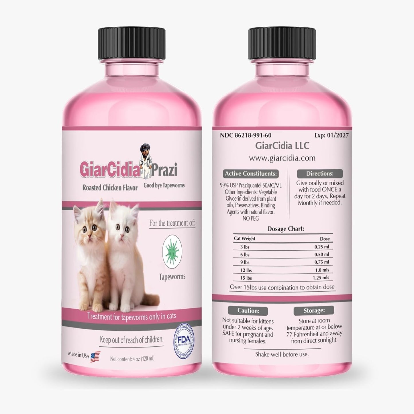 No More Worms in Cats and Kittens- Dewormer for Cats and Dewormer for Kittens - 120mls Chicken Flavour with 3ml Dropper