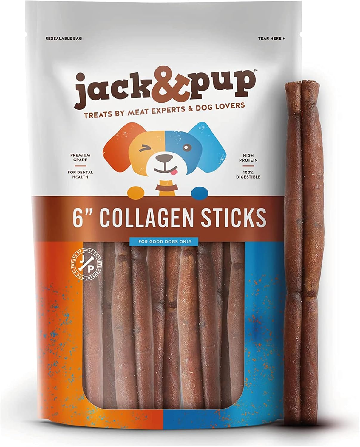 Jack&Pup 6" Beef Collagen Sticks for Dogs | Rawhide Free Dog Chews Long Lasting | Single Ingredient Healthy Dog Treats for Medium Dogs | Bully Stick Alternative (4 Pack)